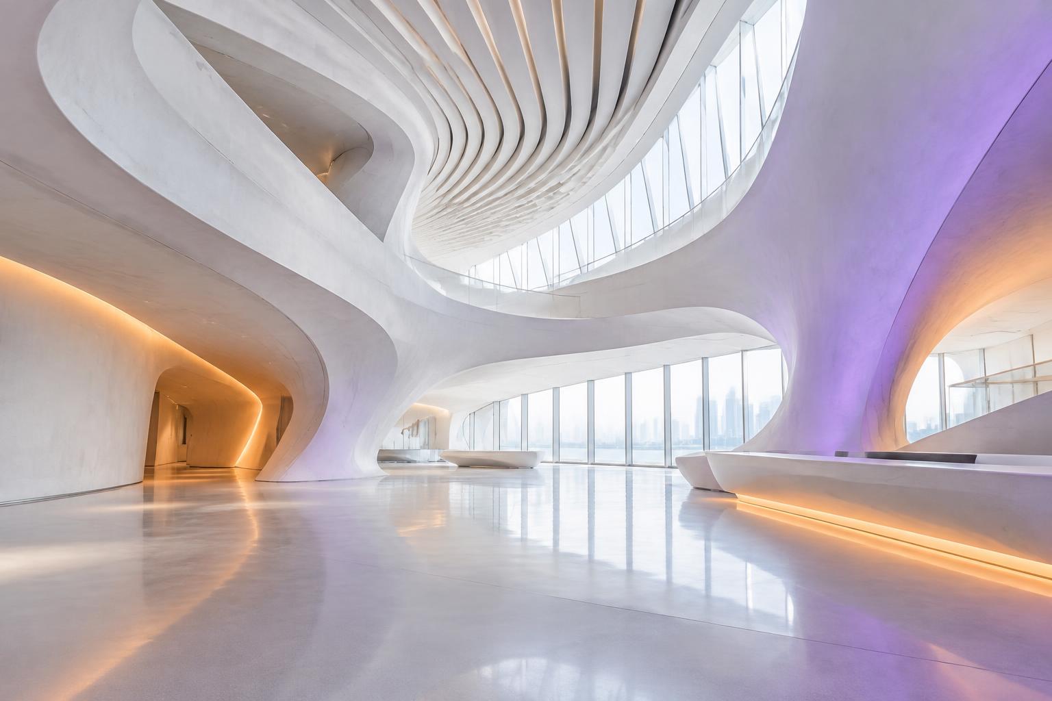 Parametryczne wnętrze w stylu Zaha Hadid z fioletowym i pomarańczowym światłem